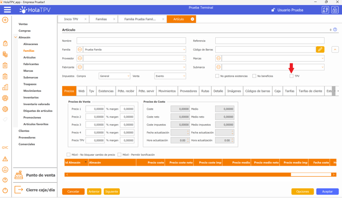 Activar check TPV en artículos