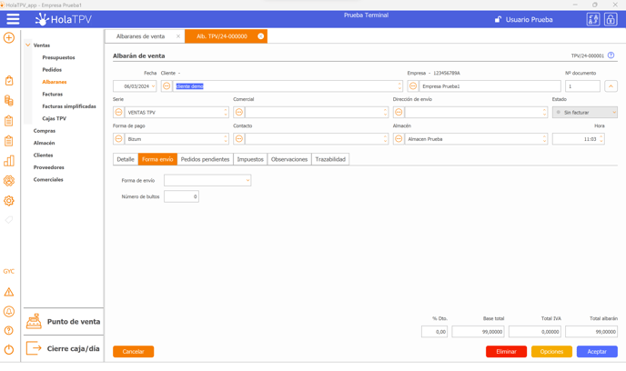 Forma Envío Albaranes de Venta HolaTPV