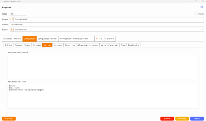 Gestión -Empresa actual - configuración - informes