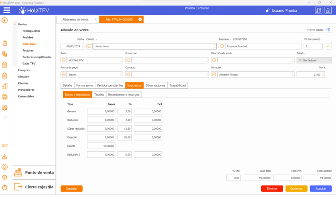 Impuestos Albarán de Venta HolaTPV