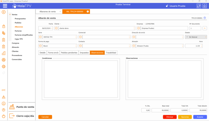 Observaciones Albarán de Venta HolaTPV