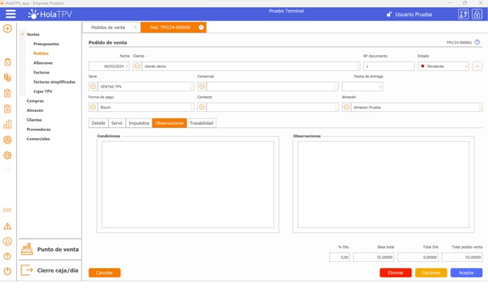Observaciones Pedidos de Venta HolaTPV