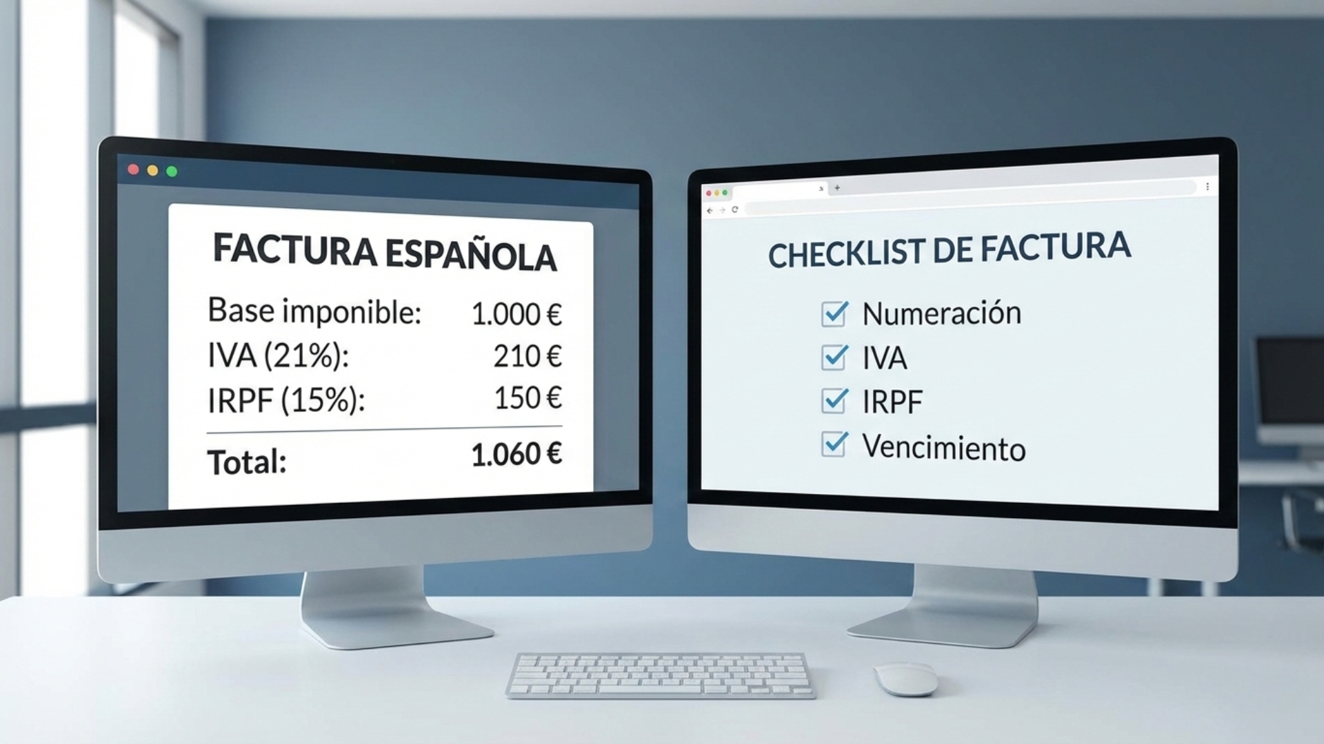 Factura con base 1.000 €, IVA 21% (210 €) e IRPF 15% (150 €) junto a checklist de revisión.