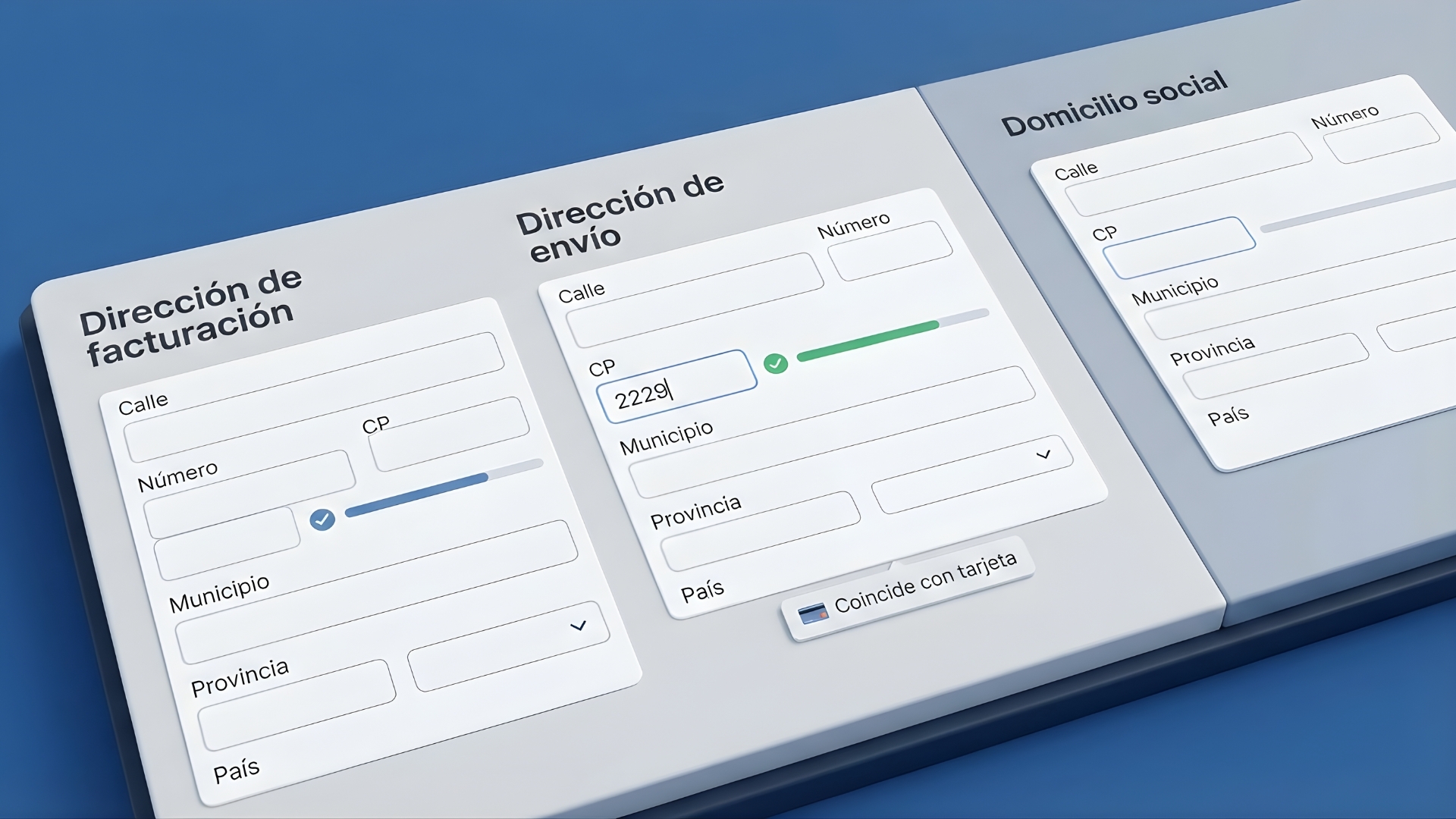 Comparativa en pantalla de dirección de facturación, dirección de envío y domicilio social, con validación de CP/municipio y aviso de coincidencia con tarjeta.