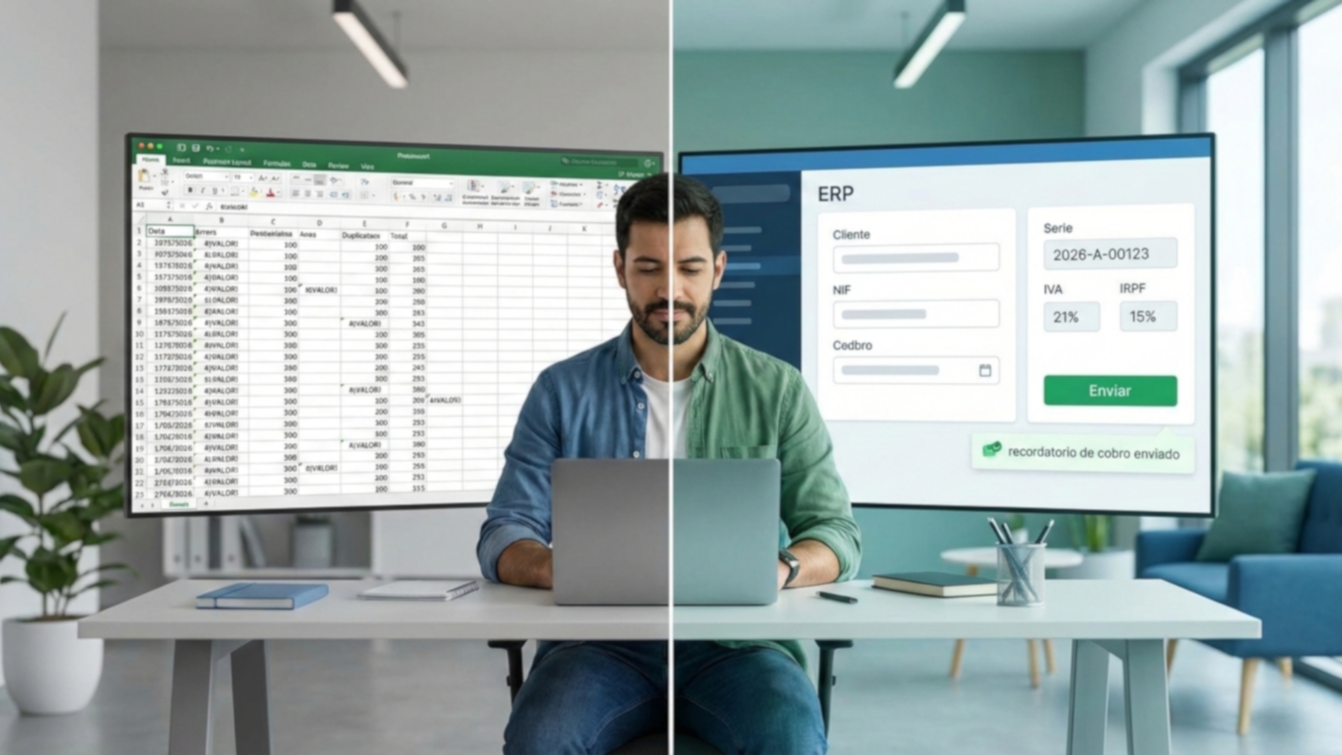 Profesional cambiando de una hoja de cálculo caótica a un ERP de facturación con campos de cliente, serie, IVA e IRPF