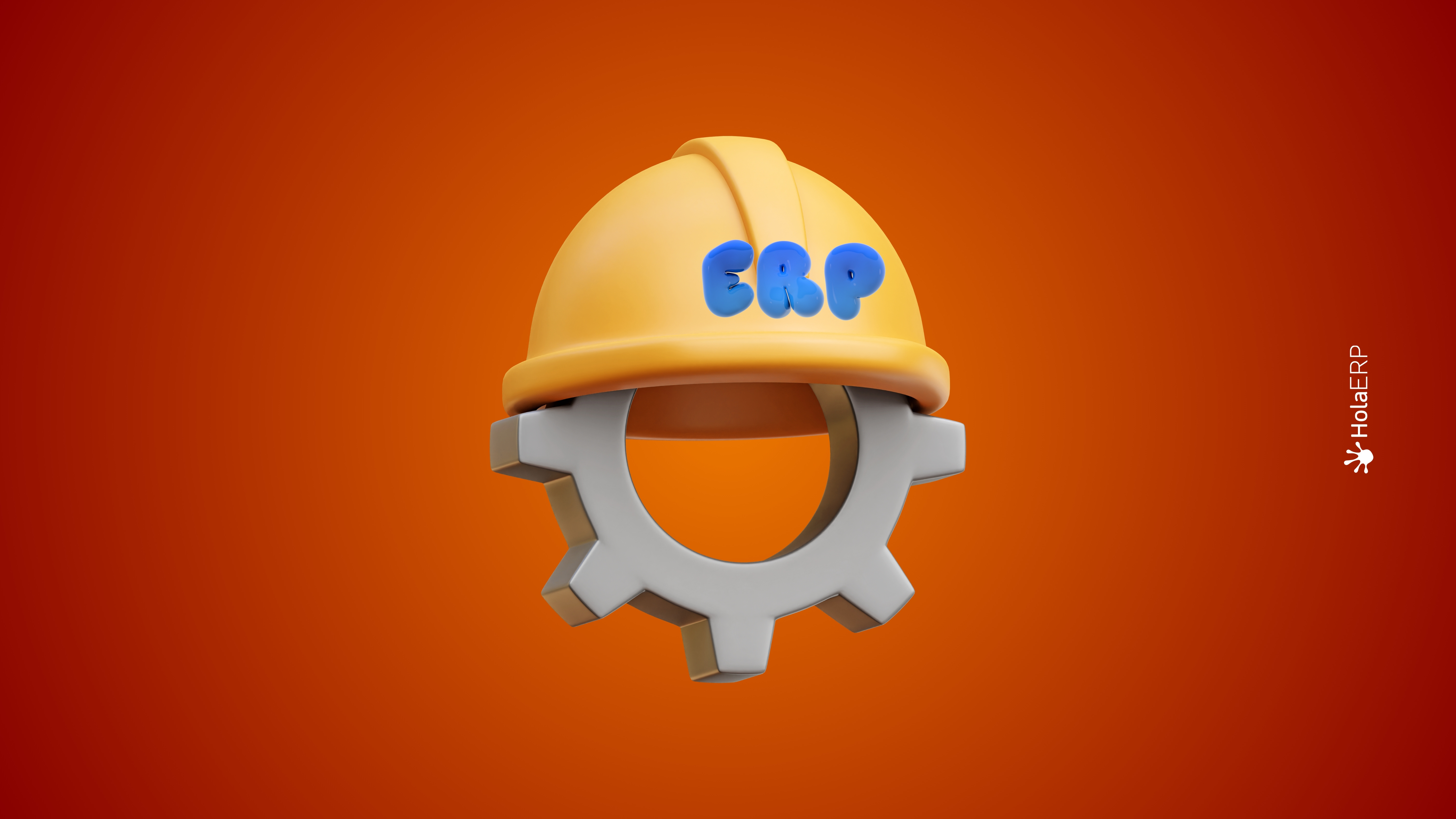 Imagen de un engranaje con un casco de obra y las letras de ERP en el 